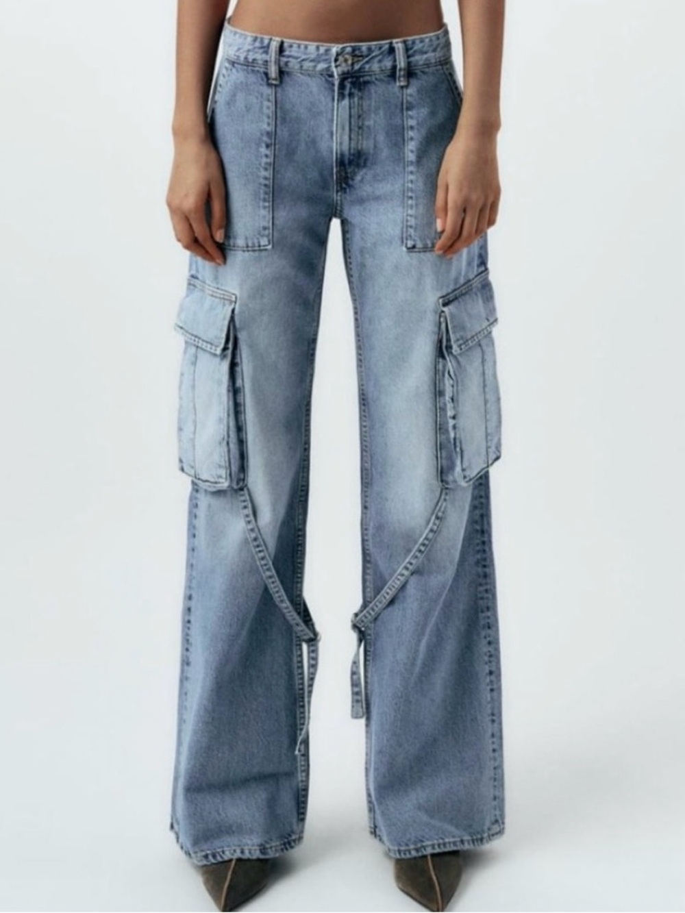 Zara TRF Cargo Jeans Size 10 Wide Leg Y2K Baggy Denim Blue